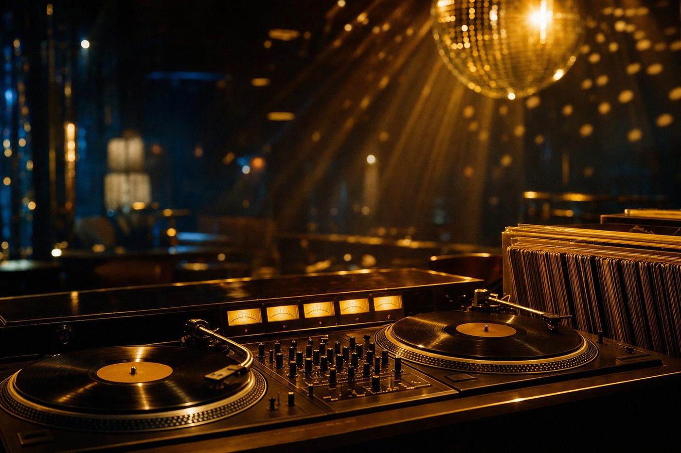 Toca-discos e mixer iluminados por luz dourada em uma cabine de DJ